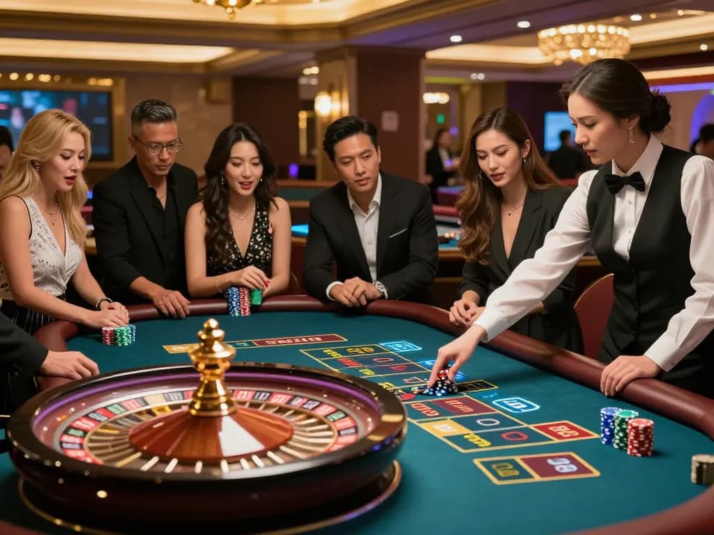 Players engaging in a thrilling FAFA 828 roulette game as the croupier spins the wheel.