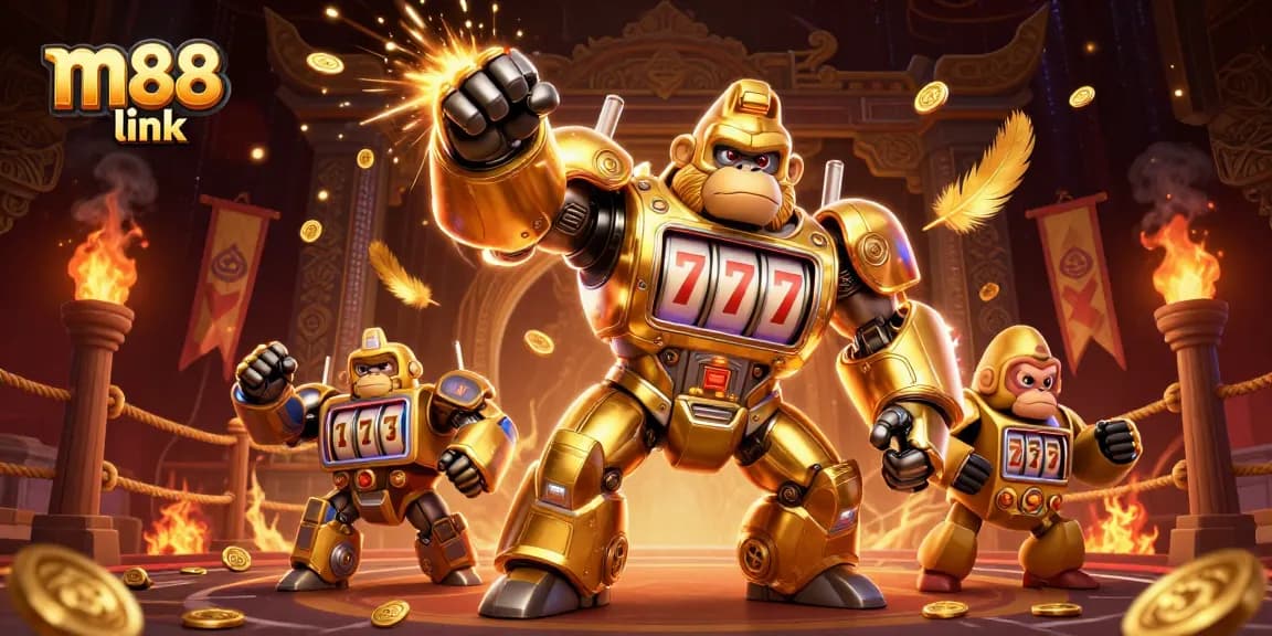 Engage with the electrifying m88 link featuring a golden gorilla mech surrounded by casino elements.