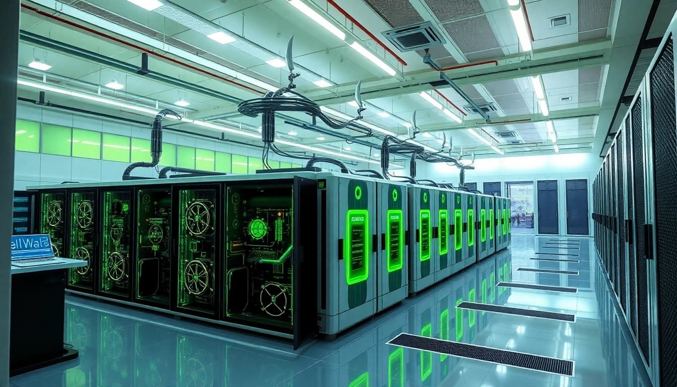 Visual representation of dogecoin cloud mining earnings through AI-driven renewable energy facilities.