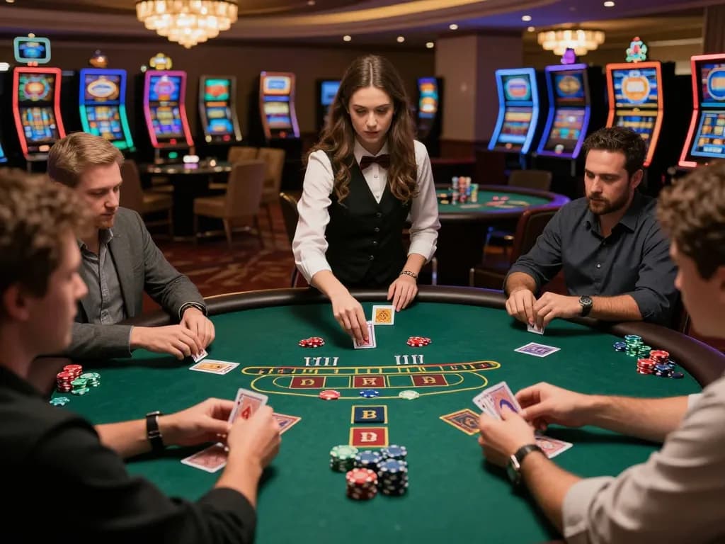 Players strategizing in a blackjack game at 388bet casino with colorful chips and warm ambiance