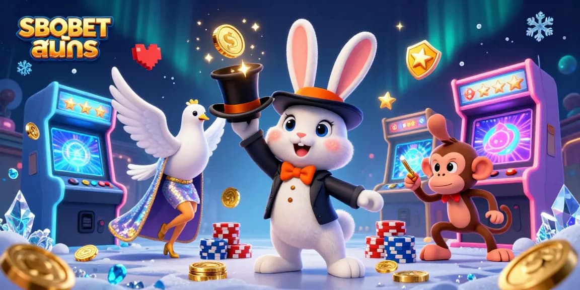 Experience exciting SBOBET สมัคร as a vibrant 3D illustration showcases a magician rabbit, dove, and monkey amid casino gold and game elements.