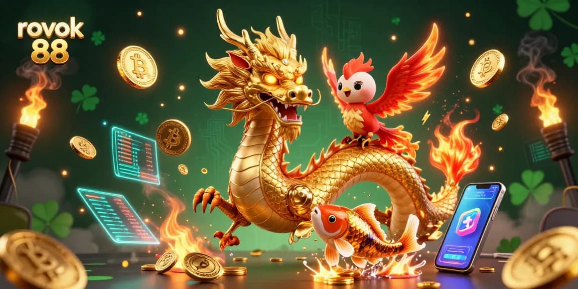 Engage in thrilling gameplay featuring rokok 88 with a fiery phoenix and a golden dragon in a captivating casino scene.