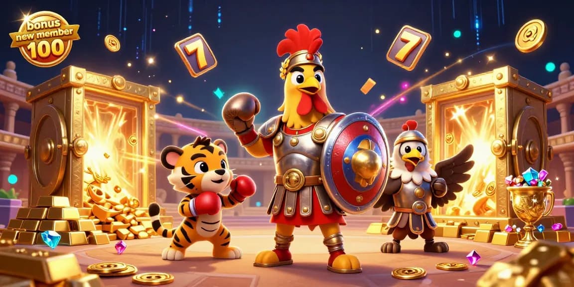 Engage in the thrill of gaming with bonus new member 100, featuring dynamic casino elements and vibrant characters.