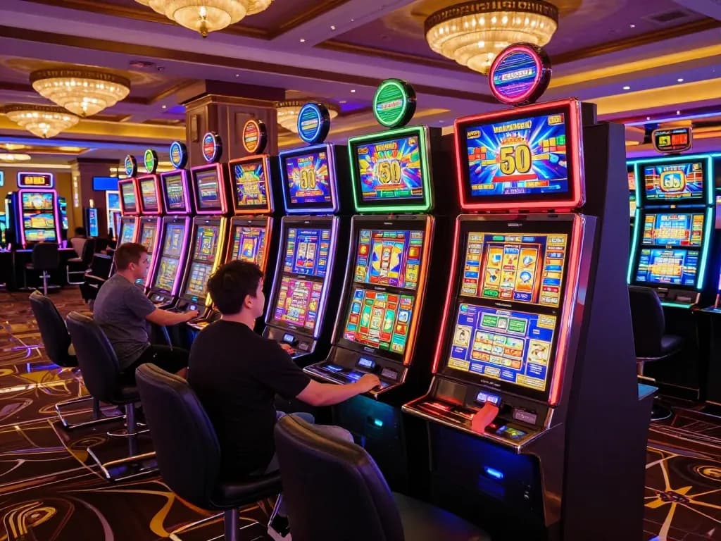 Players enjoying vibrant slot machine action with bets starting from slot bet 50