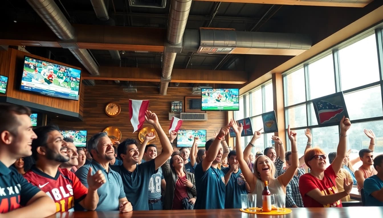 Explore the vibrant atmosphere of online sports betting Canada in a lively sports bar setting.