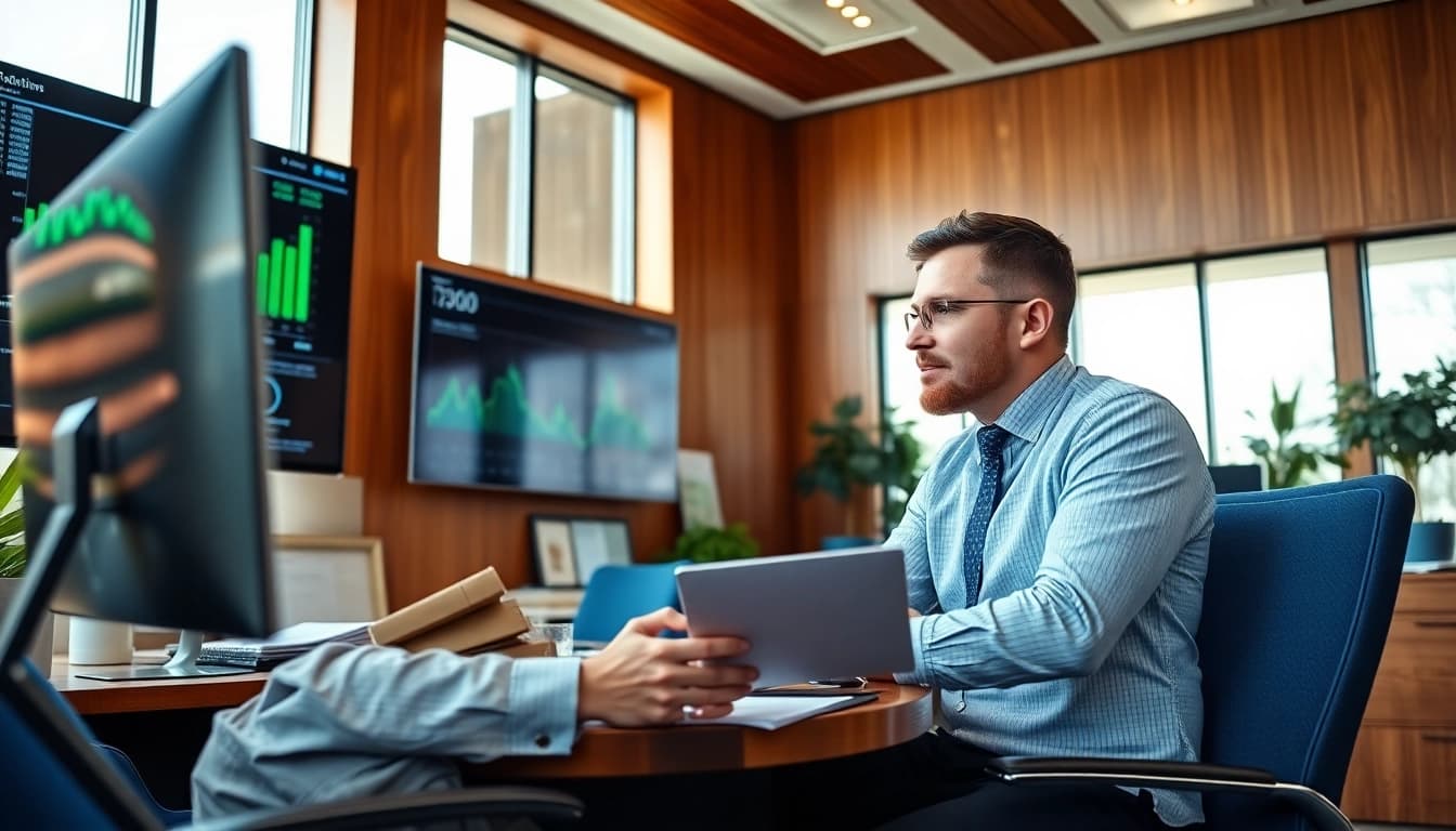 Expert facilitating investment management San Antonio advice to a client in a modern office setting.