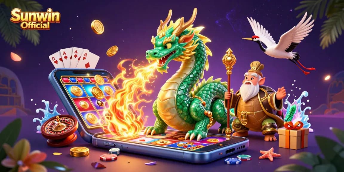 Engage with exciting games at Sunwin Official featuring a dynamic 3D illustration of lucky symbols and epic characters.