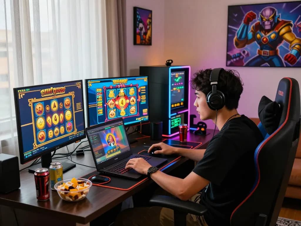 Gamer berinteraksi dengan permainan slot online situs gacor di ruang tamu yang cerah