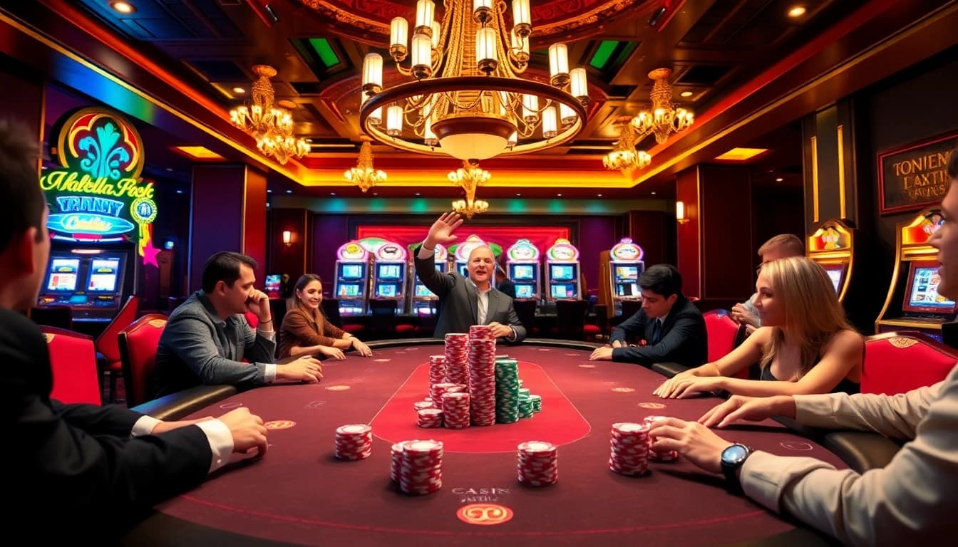 Zonafilm players celebrating a winning hand at a vibrant casino poker table.