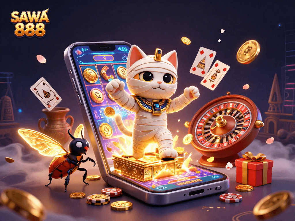 Experience SAWA 888 with an exciting scene featuring a mummy cat, a scarab beetle, and engaging slot games in a vibrant casino setting.