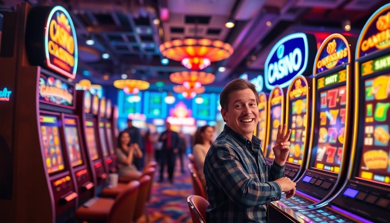 Engaging scene of Non gamstop Casino Uk illustrating vibrant slot machines and enthusiastic players.