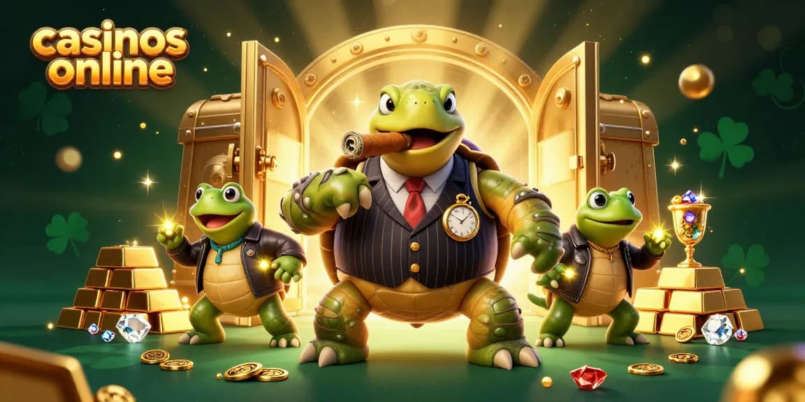 Gana en casinos online mientras disfrutas de una escena vibrante con personajes caricaturescos y tesoros.