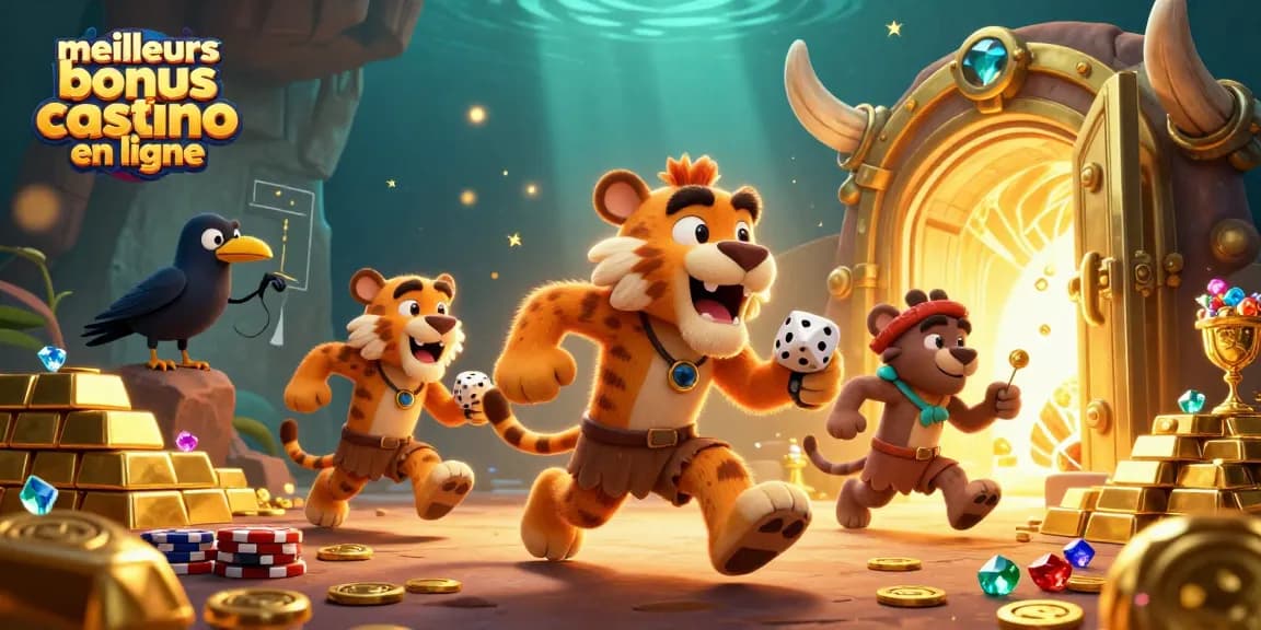 Découvrez les meilleurs bonus de casino en ligne avec cette illustration animée captivante évoquant une aventure ludique.