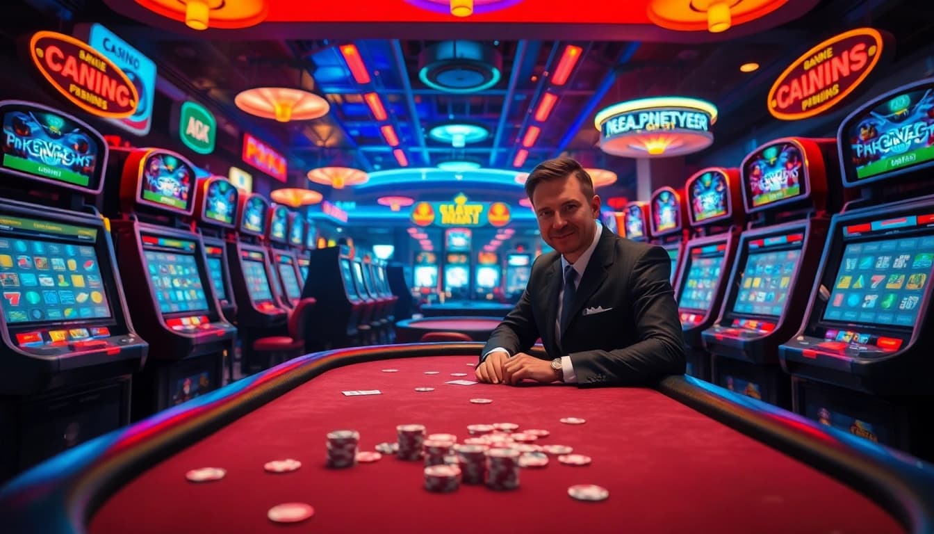 Slot77 menampilkan pemain poker di meja, dikelilingi mesin slot berwarna-warni dan lampu neon yang cerah.