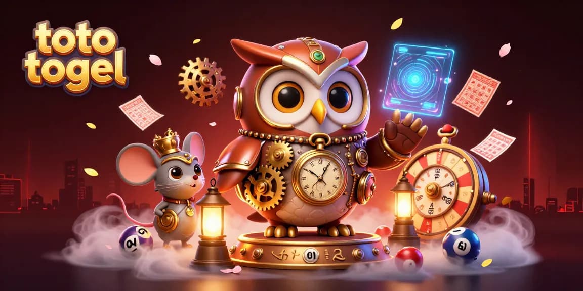 Engage in exciting toto togel games with a time-traveler owl and magical lottery elements.