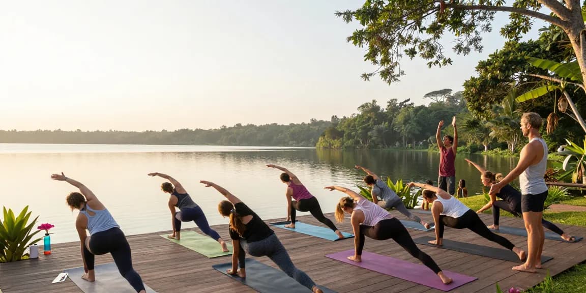 Yoga retreat Sri Lanka participants practicing Synergy Vinyasa yoga by Koggala Lake, surrounded by nature.