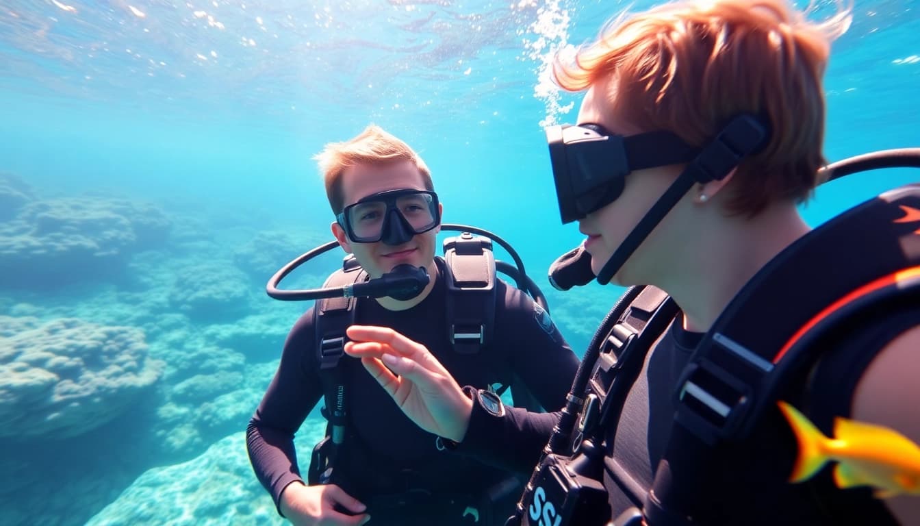 Dive into SSI Spezialkurse with an instructor in clear waters guiding students.