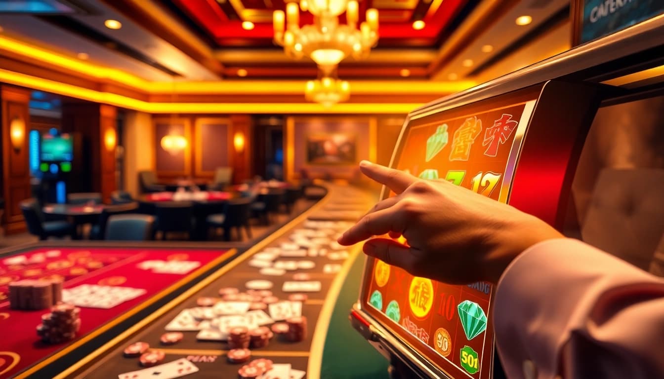 Experience the Mahjong slot demo excitement with a captivating casino scene featuring vibrant reels and casino tables.