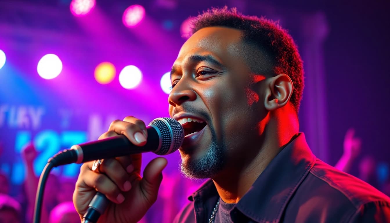 Leroy Silver performing energetically on stage during a live concert.