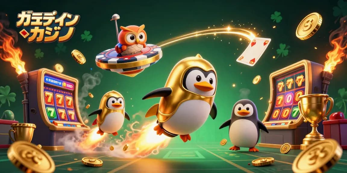 オンラインカジノのシューティングゲームを楽しむ金色のペンギンが描かれたイラスト
