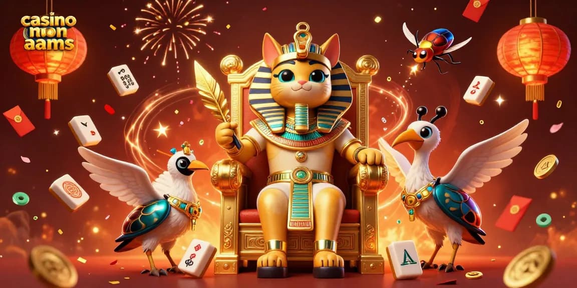 Illustrazione coinvolgente di un gatto faraone con elementi vibranti di casinò non AAMS come monete d'oro e amuleti fortunati.