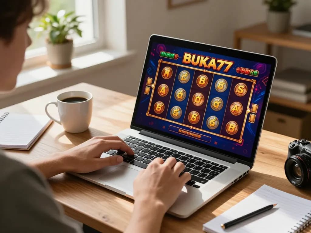Play BUKA77 slot games on a laptop in a cozy home setup, emphasizing strategic gameplay.