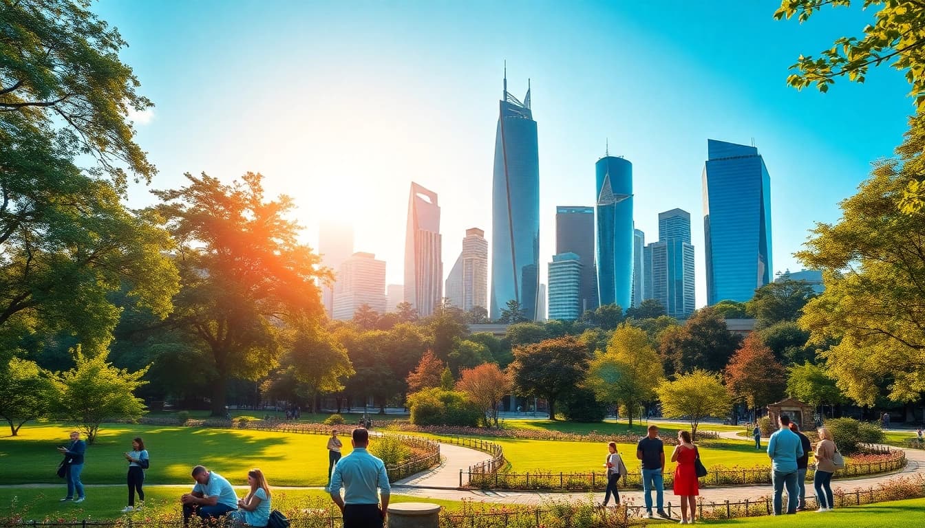 Showcasing Technology in harmonious balance with nature in a vibrant park and futuristic skyline.