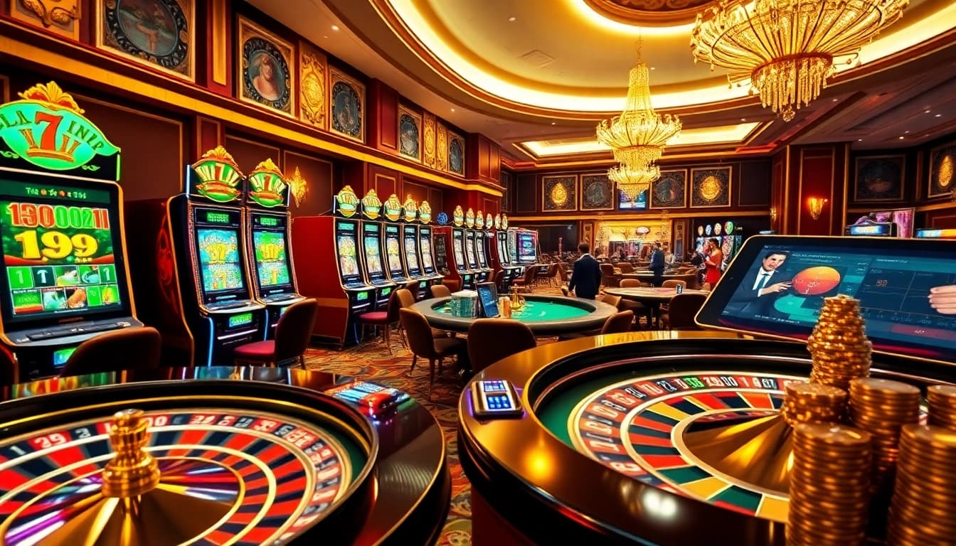 Players enjoy exciting games at LC 88 casino, featuring vibrant slot machines and poker tables.