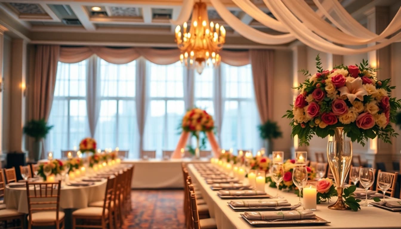 Wedding Event Space Jacksonville featuring a beautifully decorated reception hall with floral accents.