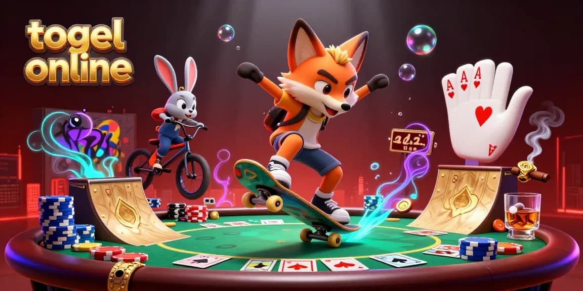Ilustrasi 3D kartun menunjukkan karakter rubah melakukan kickflip di atas chip poker emas, menyampaikan keseruan togel online.