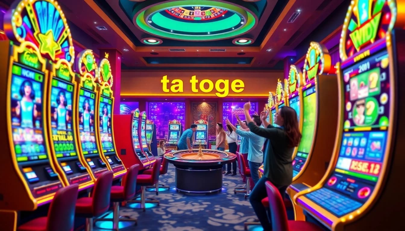 Experience excitement at gtatogel with vibrant slot machines and celebrating players in a luxurious online casino.