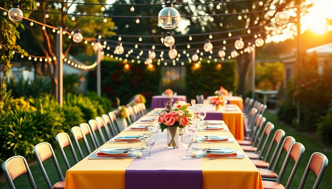 Elegant table rentals set in a lush garden atmosphere, showcasing style and warmth.