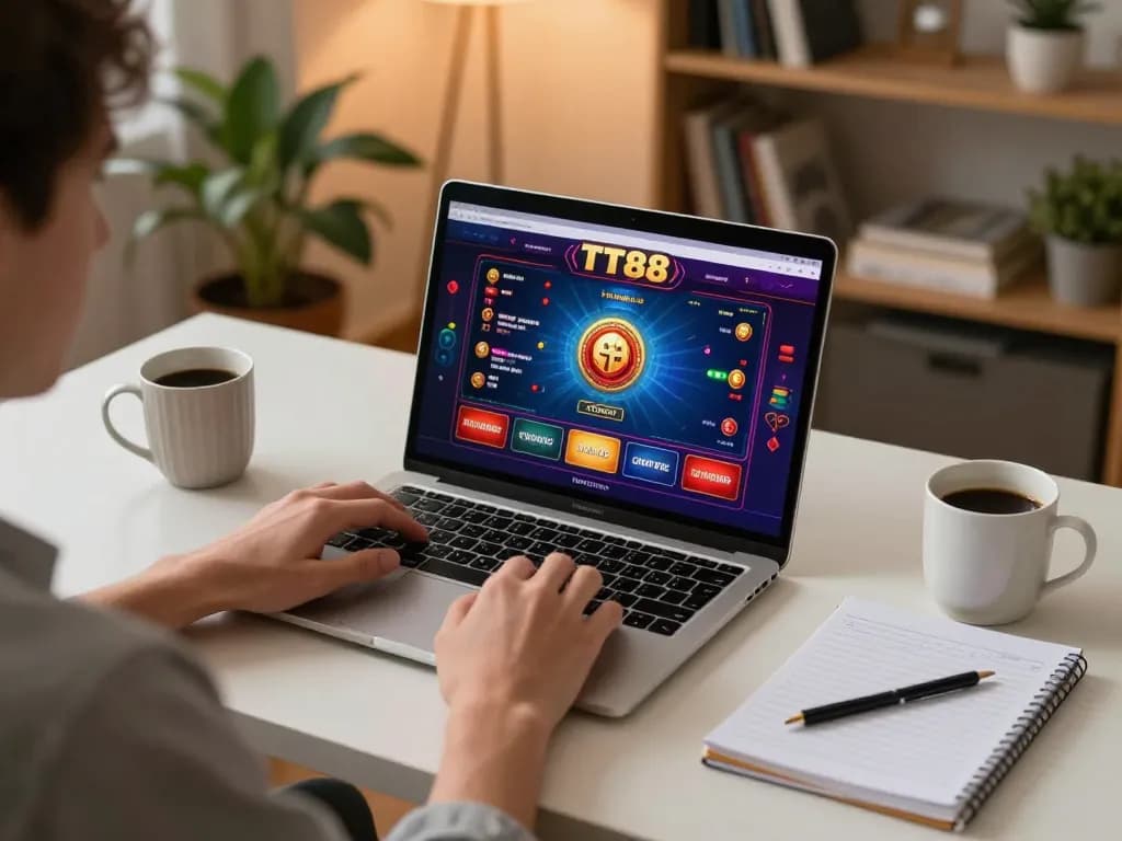 Engaging online player enjoying TT88 casino game on laptop in cozy home setting.