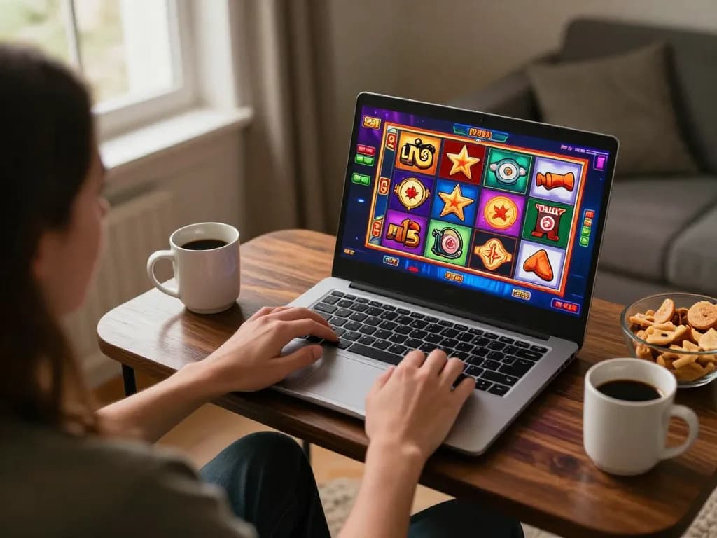 Engaging in thrilling link slot gameplay on a laptop in a cozy home setup