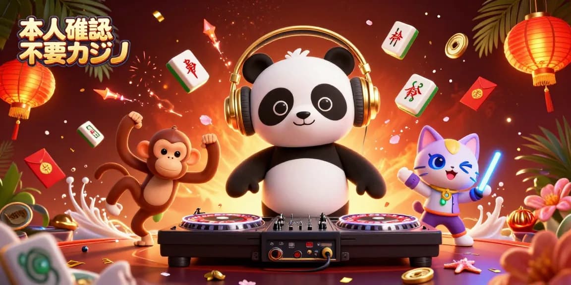 本人確認不要カジノで楽しめる、DJパンダとダンスするモンキーたちの賑やかなシーン。