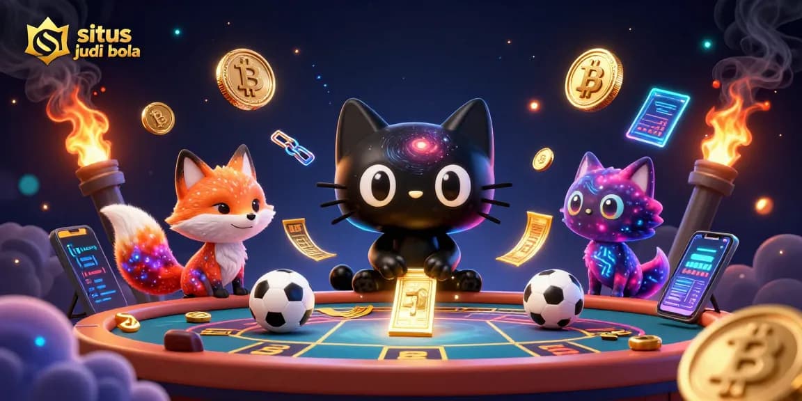 Place bets on situs judi bola with gaming excitement and vibrant cosmic elements surrounding characters.