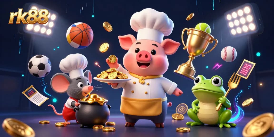 Experience thrilling gameplay with rk88 featuring a lively 3D cartoon scene of characters celebrating with gold coins, sports elements, and vibrant neon effects.