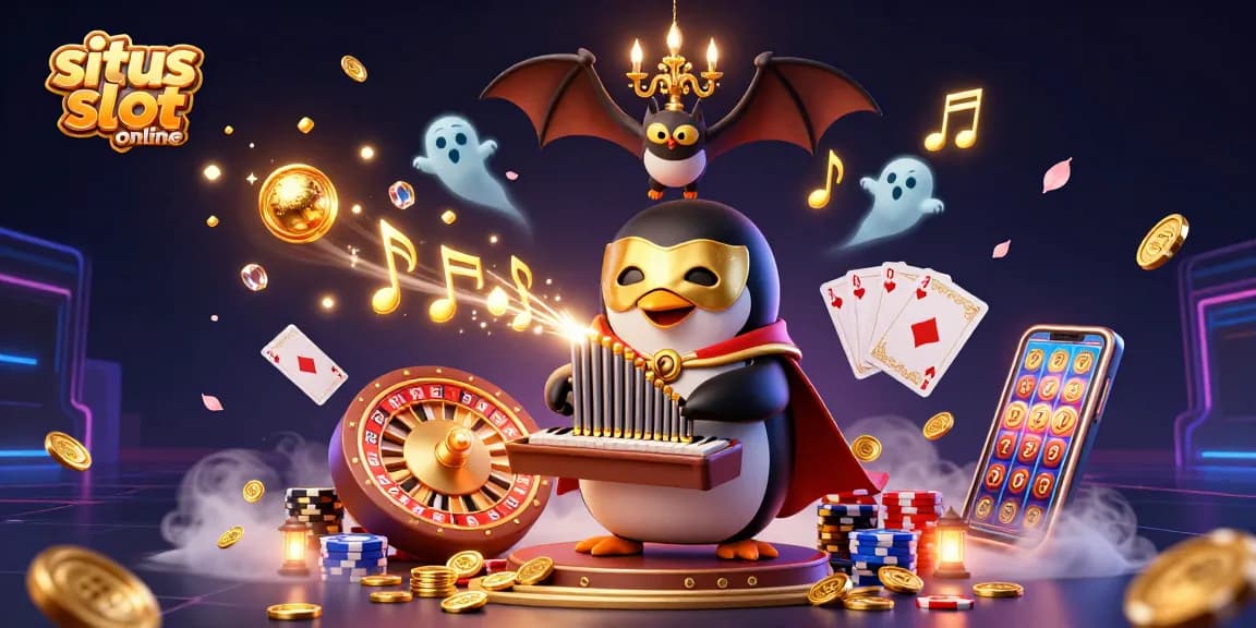 Engage with the exciting situs slot online scene featuring a penguin playing an organ shooting coins.