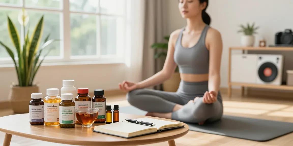 Mindfulness practice with premium wellness supplements in a tranquil home office setting.