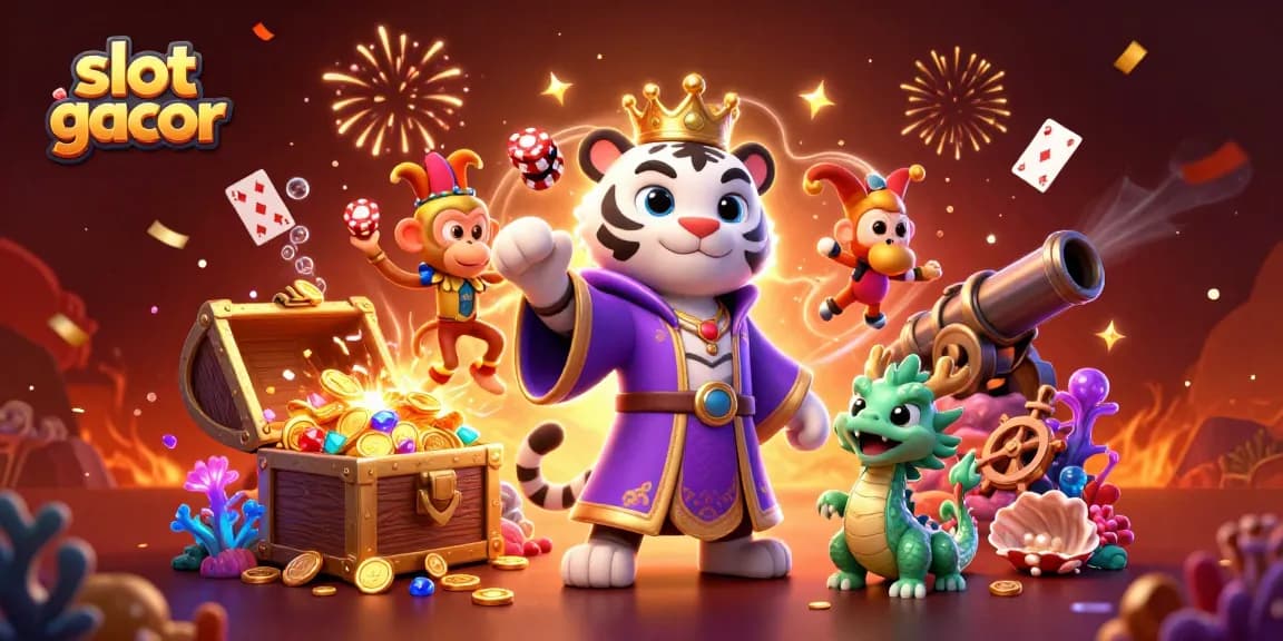 Mainkan slot gacor dengan karakter kasino ikonik, termasuk harimau putih dan monyet atop chip poker, dalam pencahayaan magis.