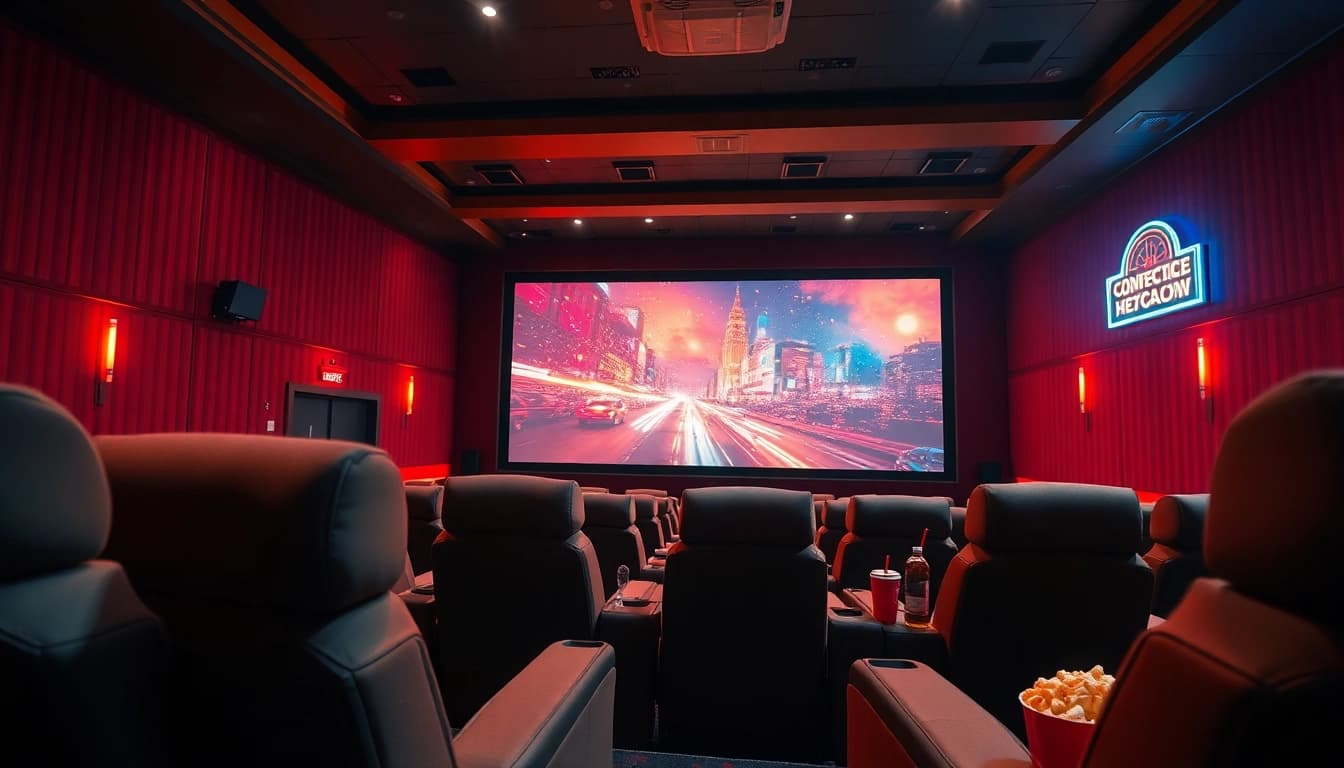 ดูหนัง ในโรงภาพยนตร์ที่ตกแต่งอย่างหรูหรา มีบรรยากาศอบอุ่นและเต็มไปด้วยสีสัน