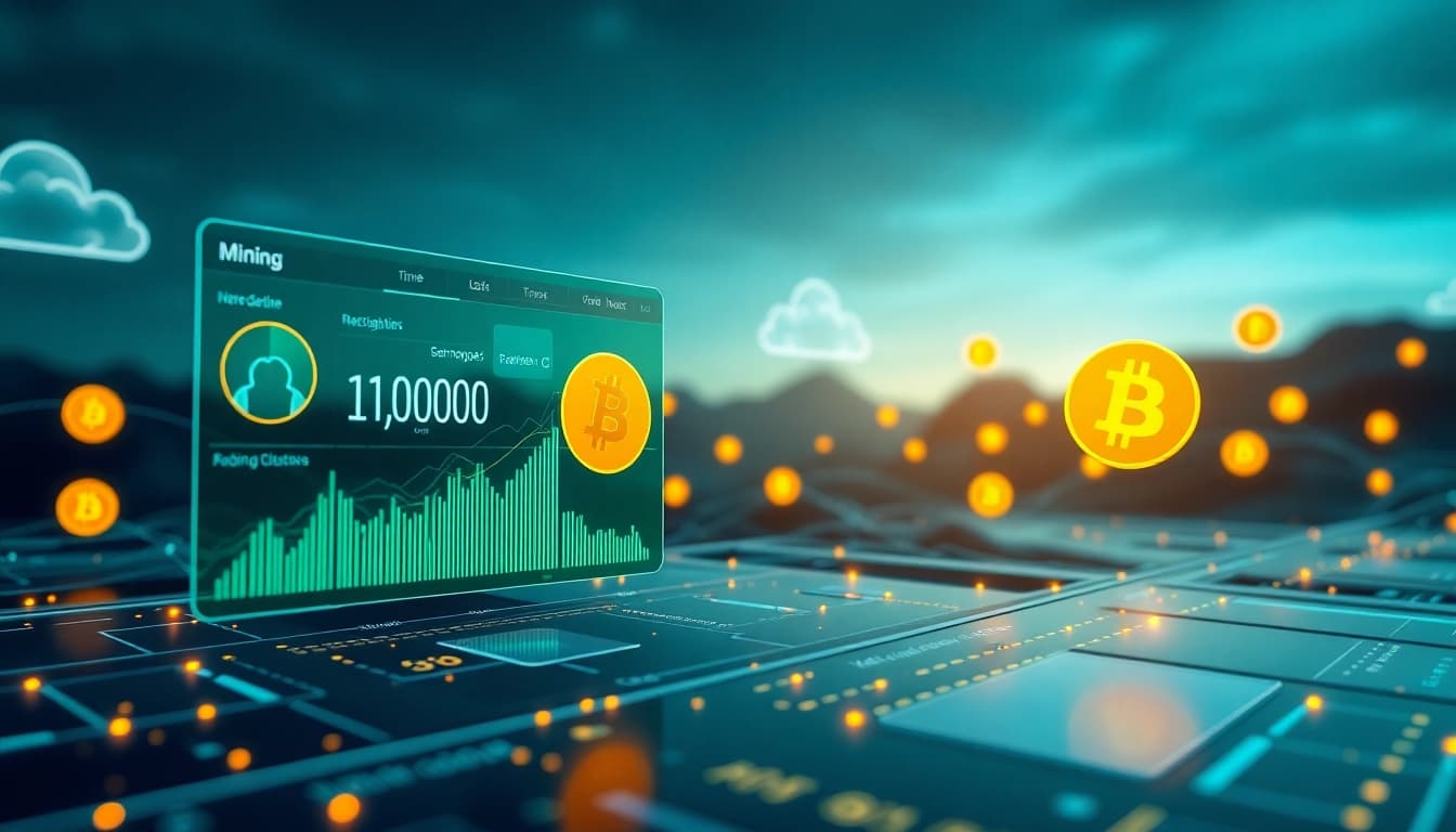 The best cloud mining service showcased through a modern digital interface with Bitcoin icons and ambient lighting.