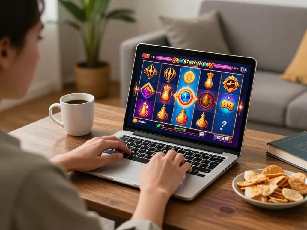 Player enjoying online slots on a laptop while engaging with jproyal's colorful gaming interface in a cozy setting.