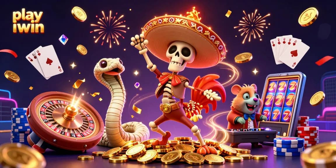 Play iwin is a vibrant casino scene featuring a mariachi rooster dancing, rich with gold coins and gems.