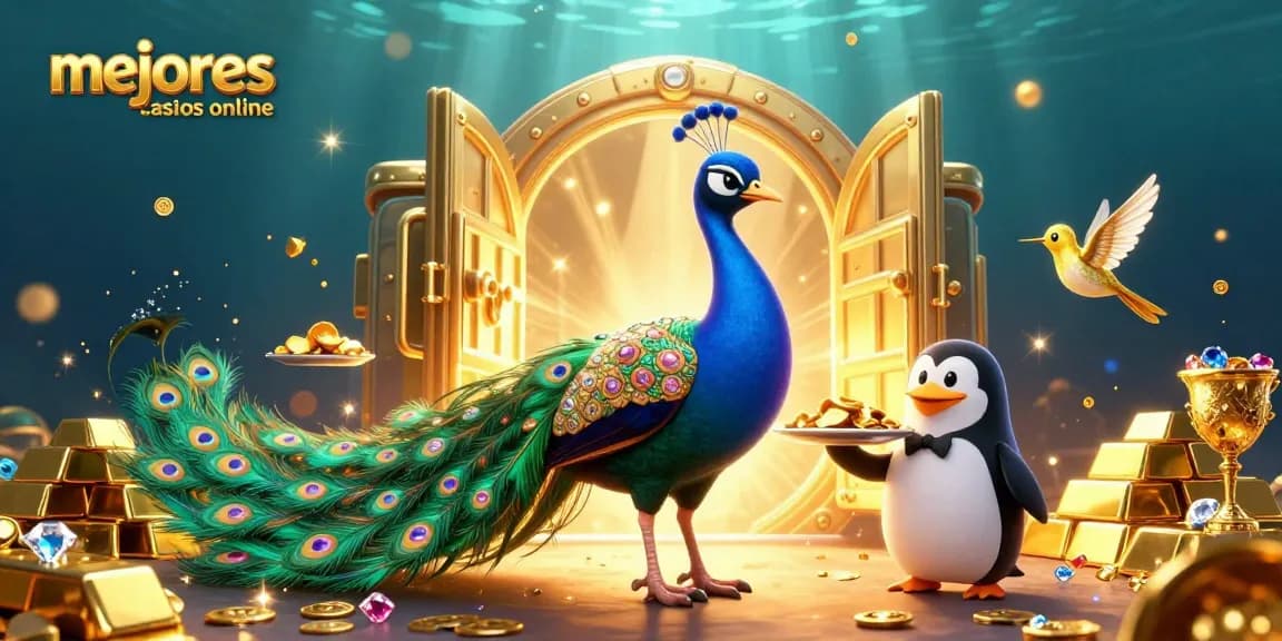 Mejores casinos online: ilustración 3D de un pavo real aristocrático y un pingüino mayordomo en un entorno de juego dinámico.