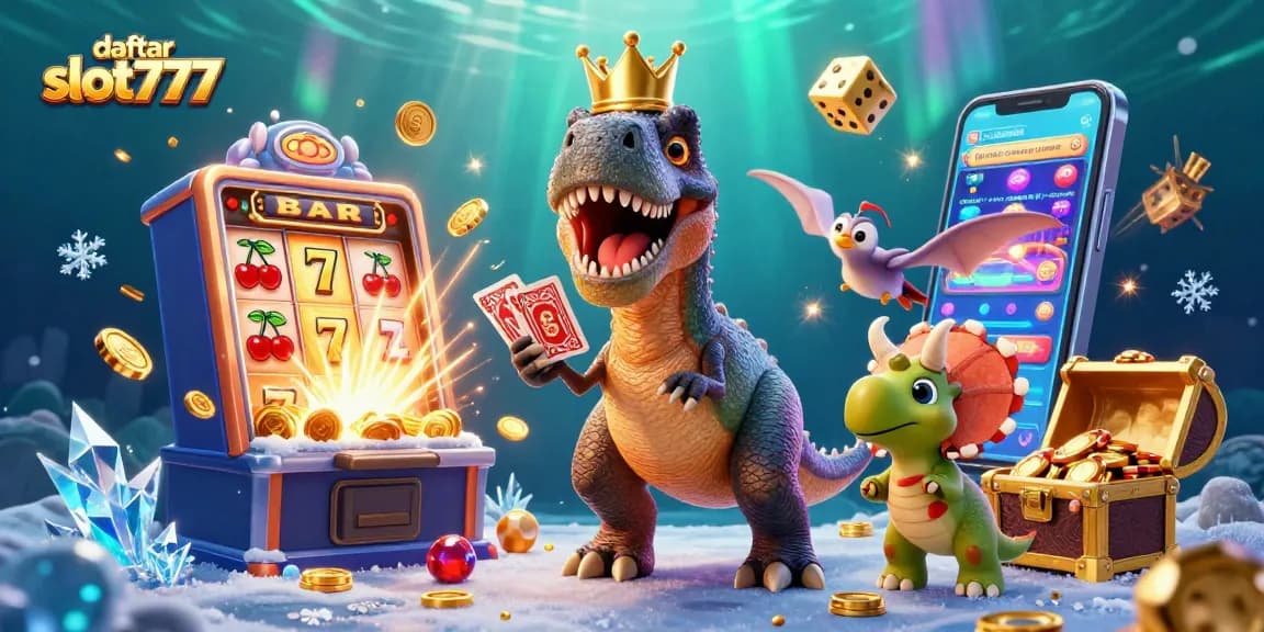 Play slot games now at daftar slot777 with exciting T-Rex and colorful casino elements!