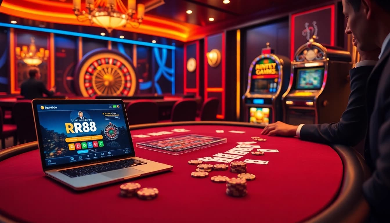 Experience RR88 live gaming with vibrant poker chips and an exciting roulette wheel.