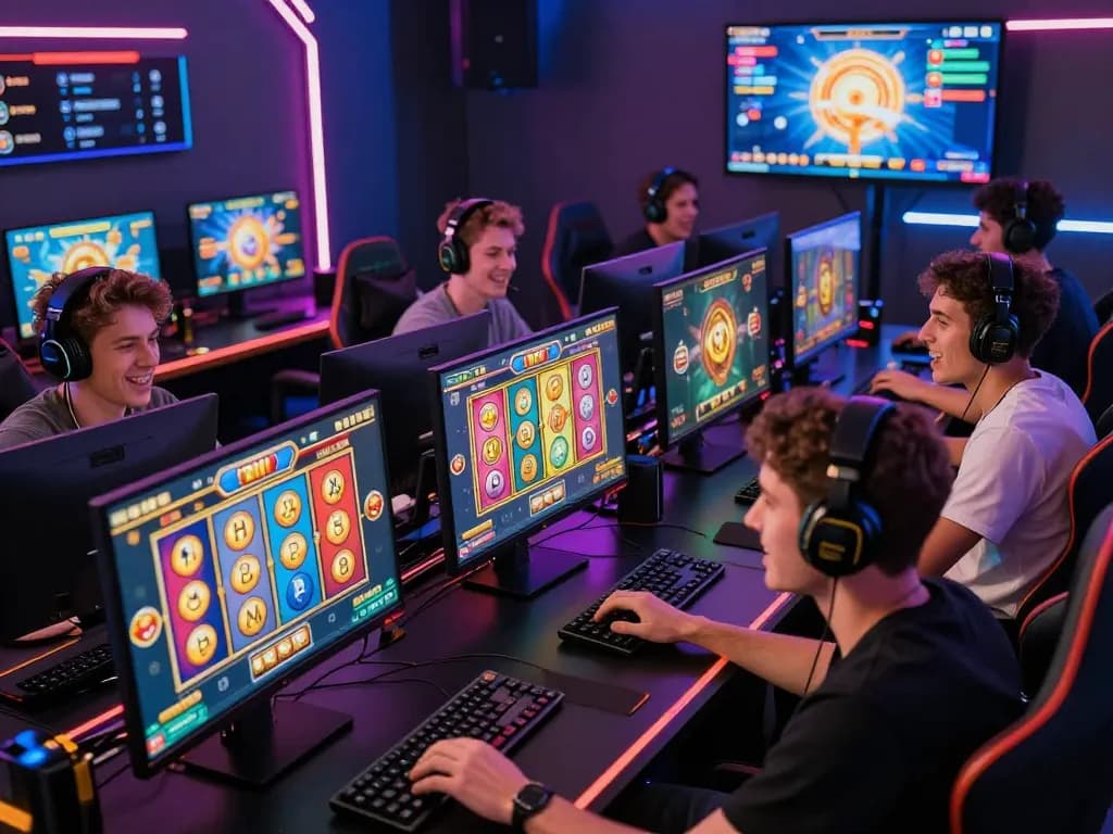 Dynamic gaming scene showcasing gamers on situs gacor platforms with vibrant slot displays and competitive atmosphere.