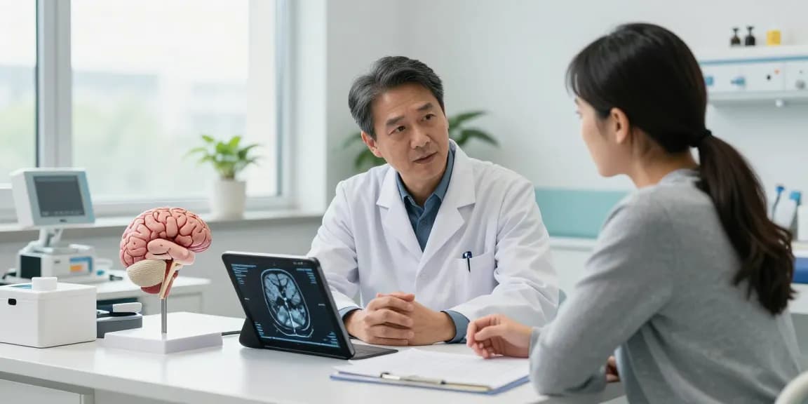 Beyin tümörü ameliyatı consultation, neurosurgeon advising patient with MRI scans in modern hospital setting.