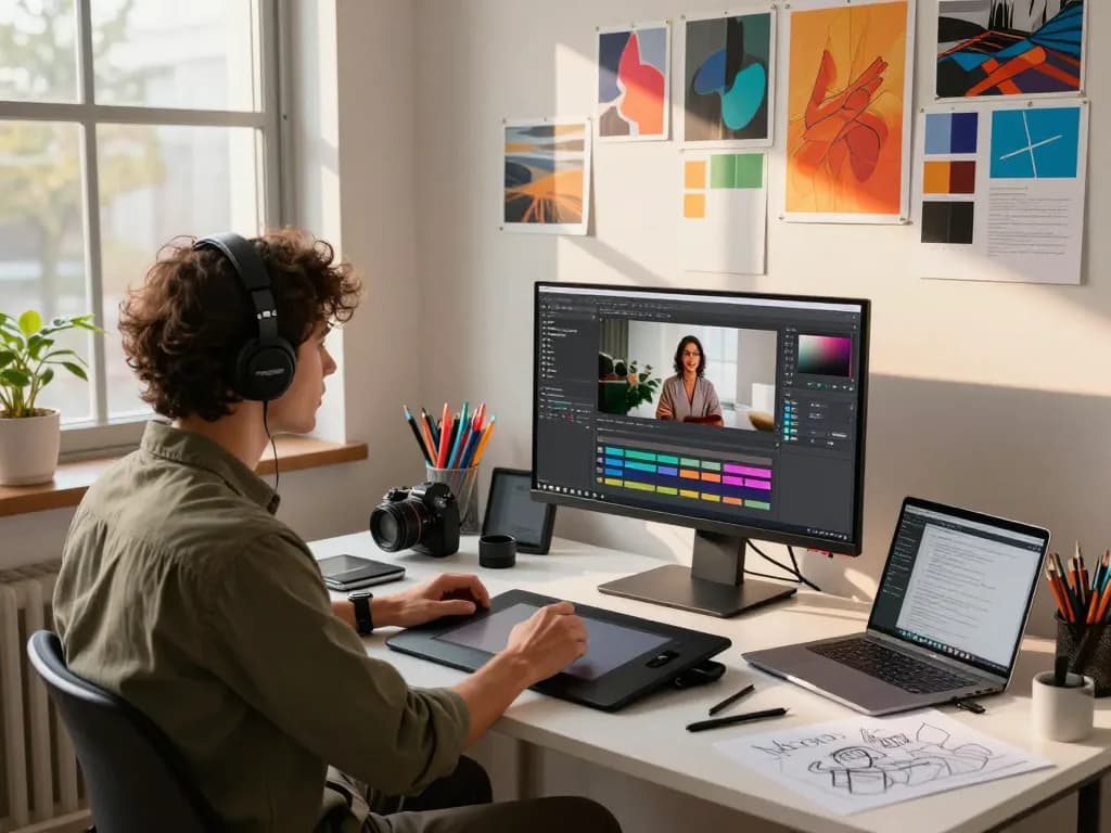 Creative professional using image to prompt software in a vibrant art studio.